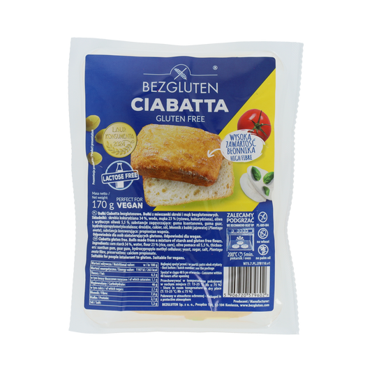 Bezgluten gluten-free ciabatta bread slice, 170g, showing a golden crust and soft interior, part of Broden en Crackers collection.