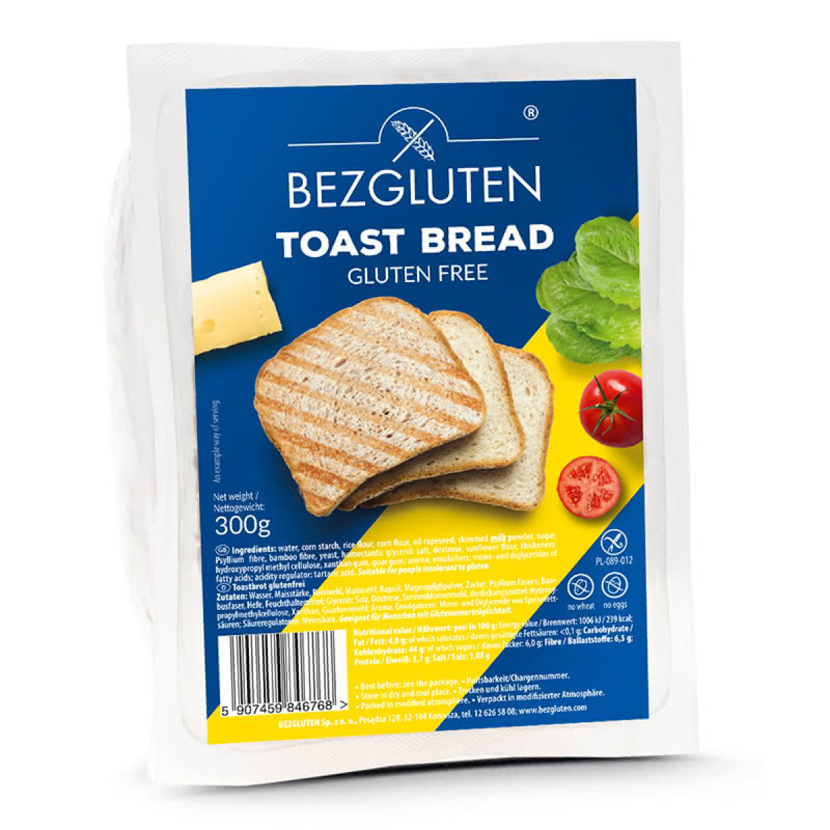 Bezgluten gluten-free toast brood koeken, 300g, showing golden-brown gluten-free bread slices on a plate.