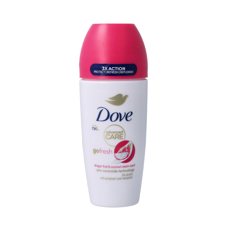 Dove deodorant roller with dragon fruit and coconut scent, 50ml bottle, featuring a white and colorful design.
