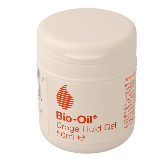 Bio Oil droge huid gel in 50ml bottle, moisturizing body care product from Bio Oil, with a clear gel texture and packaging.