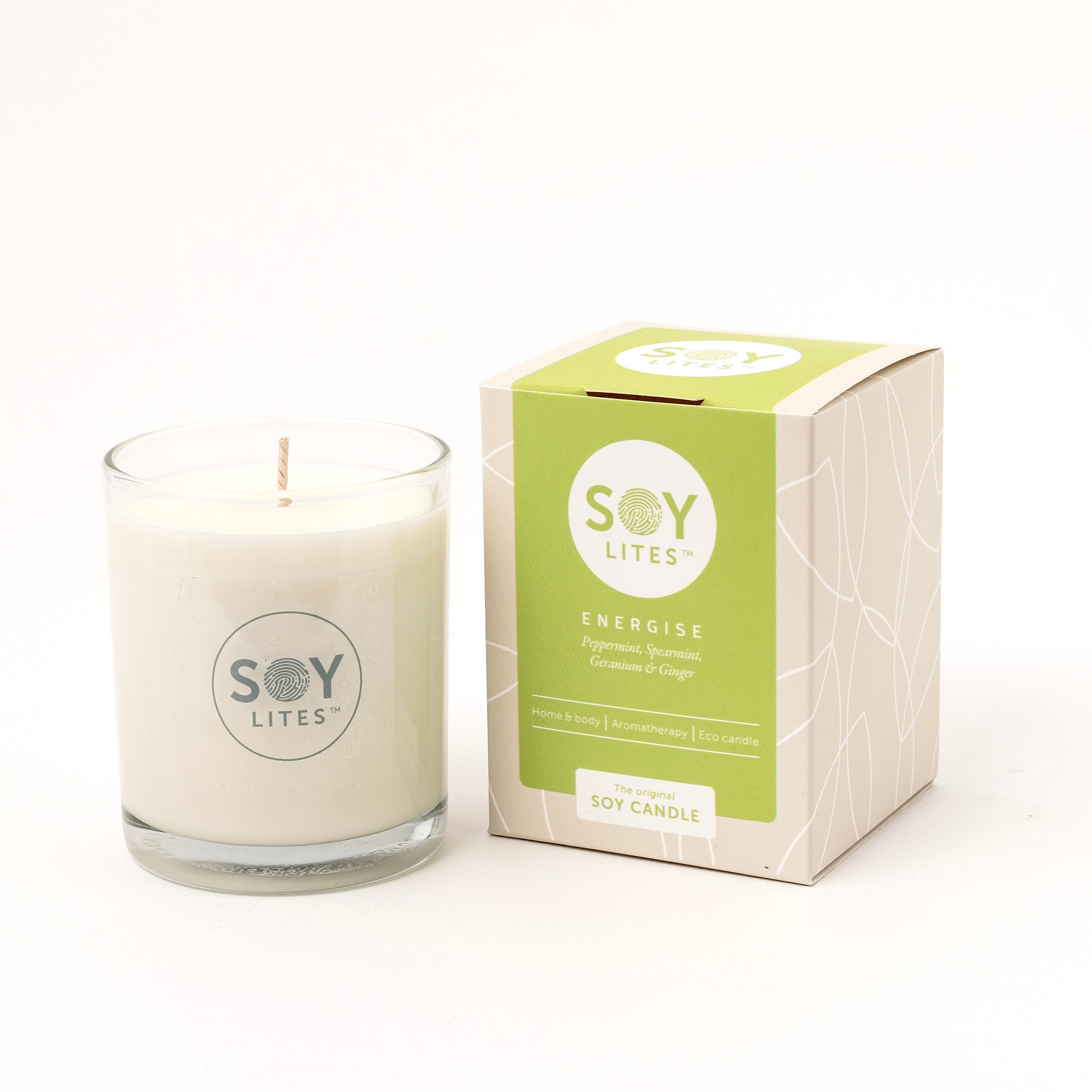 Soylites energise soy candle in 220ml glass jar, natural wax candle with a clean-burning wick and energizing scent.
