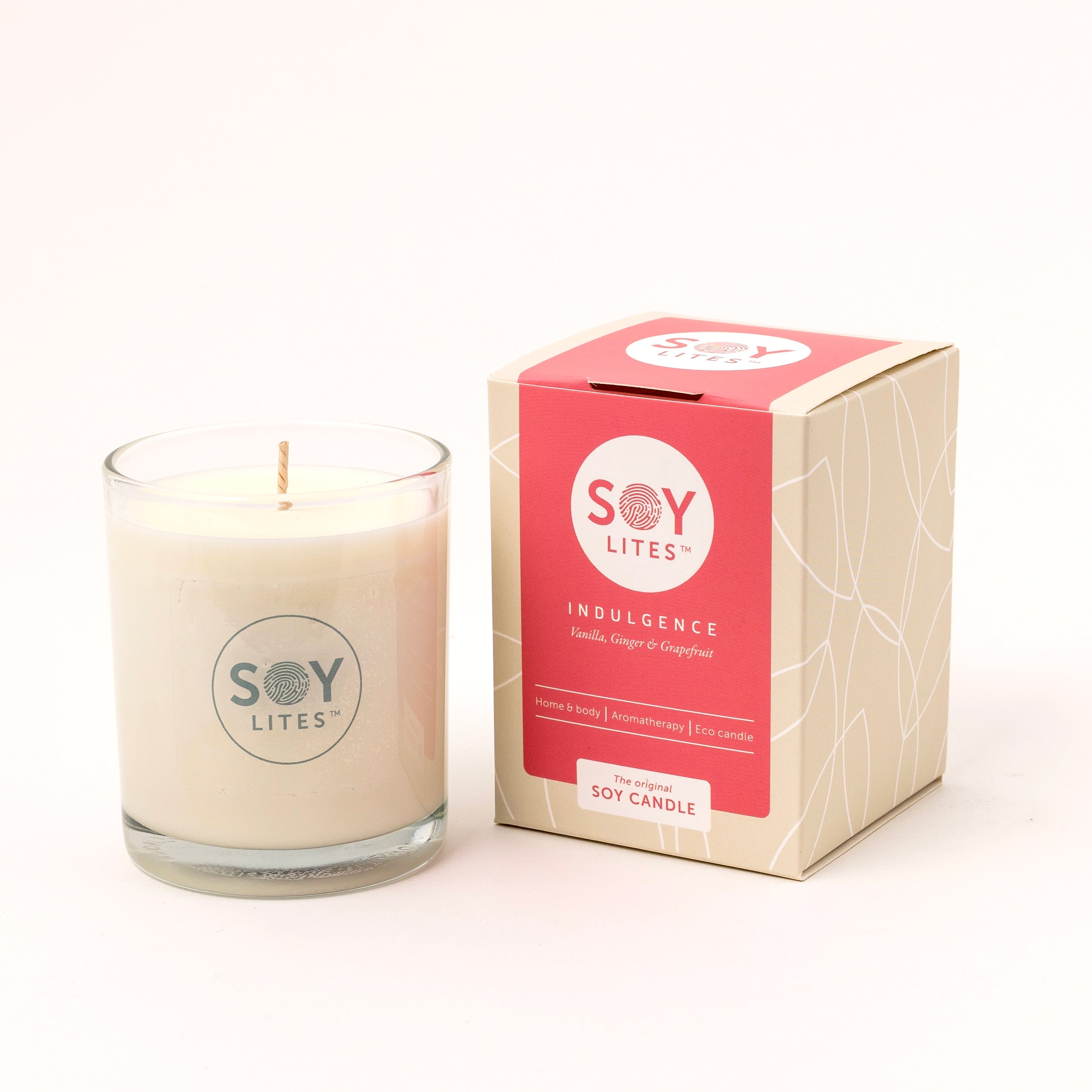 Soylites Soja geurkaars indulgence in 220ml glass container, soy wax candle with warm, inviting fragrance.