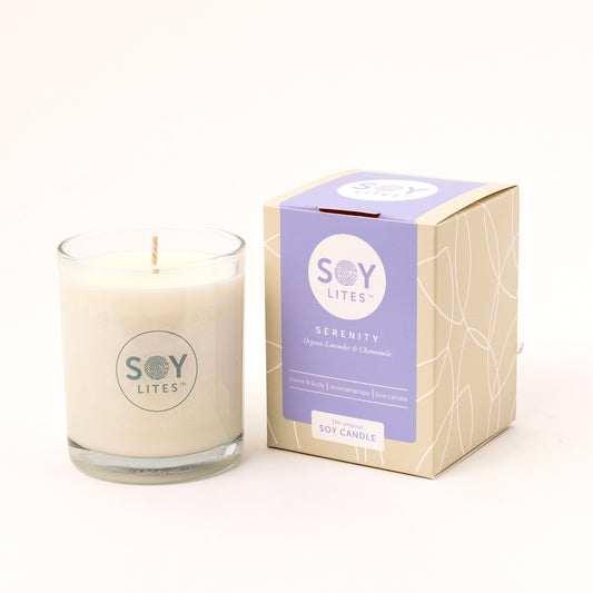 Soylites Serenity soy wax candle in 220ml jar with a white label, designed for a calming and peaceful ambiance.