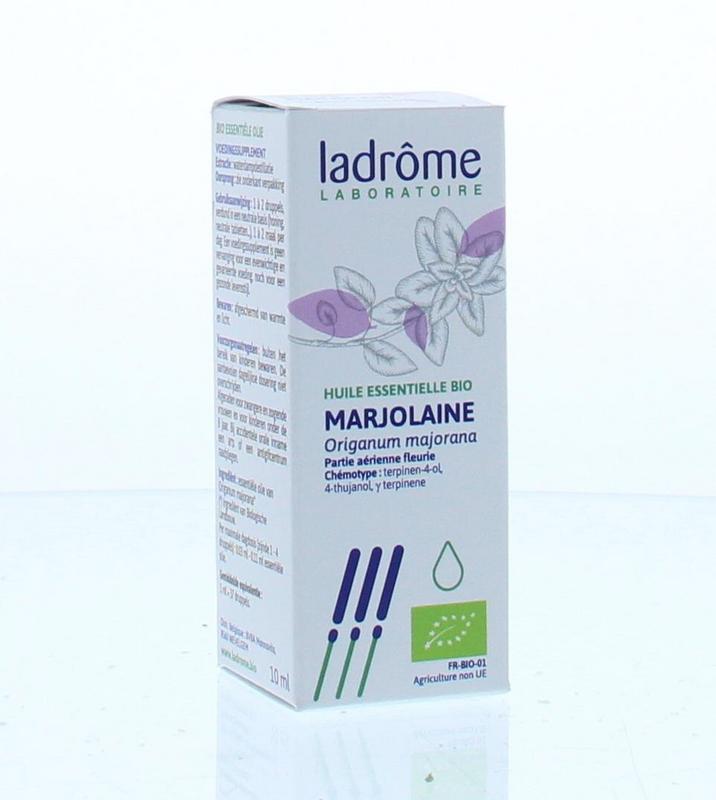 Ladrome Marjolein bio herbal oil in a 10ml bottle, showing the label and clear glass container with herbal oil inside.