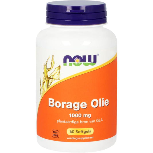 NOW Borage Oil 1000mg softgels, dietary supplement with natural borage seed oil, shown in a bottle with softgel capsules.