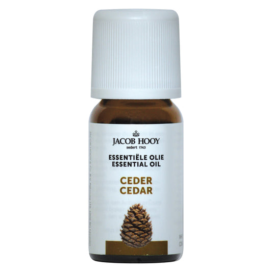 Jacob Hooy cedar oil in a 10ml bottle, natural essential oil with a clear glass container and label, for aromatic or therapeutic use.