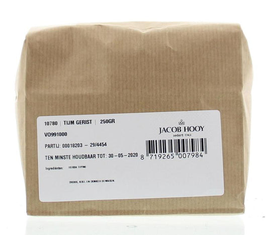 Jacob Hooy thyme herb in a 250g package, fresh dried thyme for cooking and seasoning, part of kruiden, zouten en maaltijdmixen.