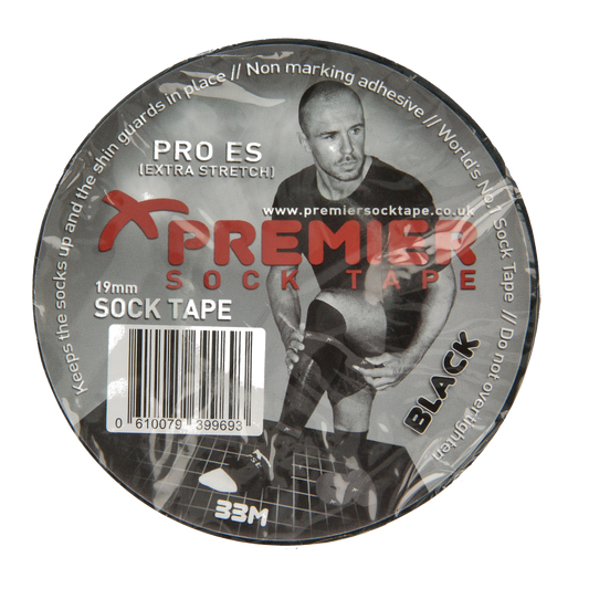 Premier Kousentape zwart 33m x 19mm, black elastic sock tape, shown in a close-up image.