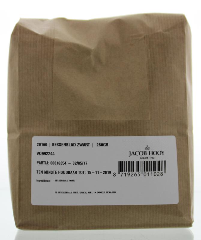 Jacob Hooy Bessenblad zwart, 250g, dried black berry leaves in a clear packaging, used for herbal remedies and teas.