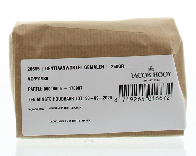 Ground Jacob Hooy Gentiaanwortel in a 250g container, a herbal spice used in cooking and traditional remedies.
