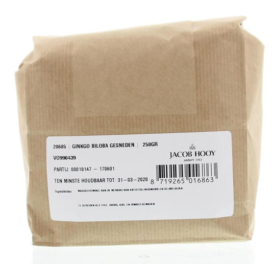 Jacob Hooy Ginkgo biloba slices in a 250g package, herbal supplement from the Kruiden, Zouten en Maaltijdmixen collection.