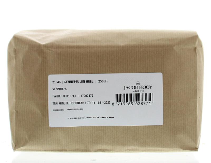 Jacob Hooy sennepeulen heel in 250g, a natural mustard seed for cooking and seasoning, shown in a clear image.