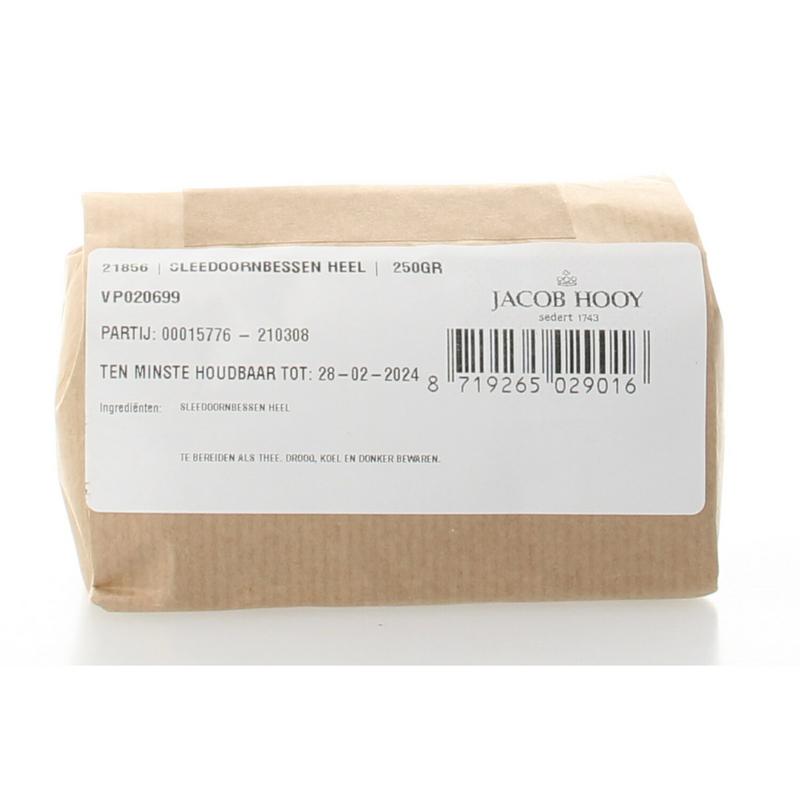 Jacob Hooy Sleedoornbessen in 250g package, herbal salt and meal mix, close-up of dried sea buckthorn berries in a clear jar.