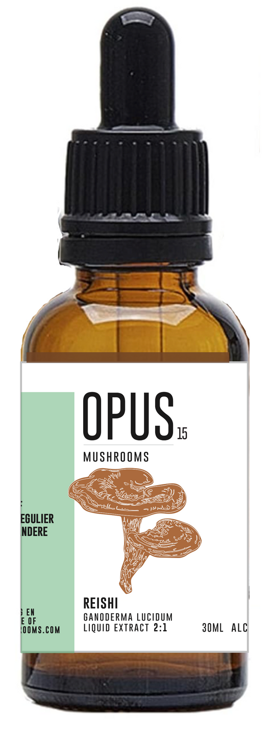 Opus Mushrooms Reishi 2:1 bio herbal extract bottle, 30ml, in a dark glass container with a white label showing product details.