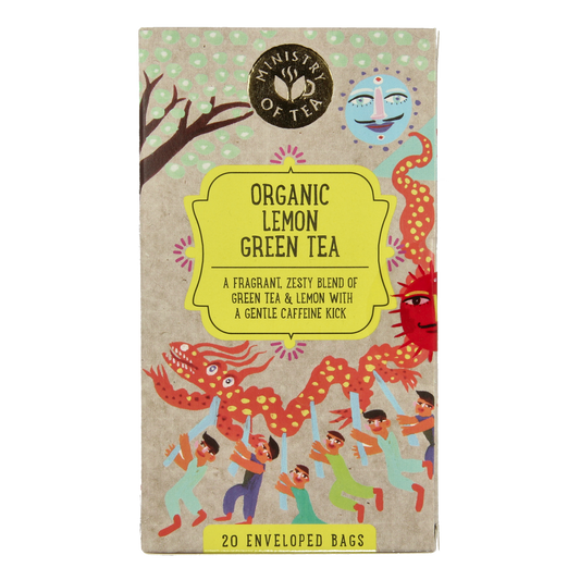 Ministry Of Tea Lemon Green Tea Bio box with 20 tea bags, showcasing fresh lemon-flavored green tea in a colorful packaging.