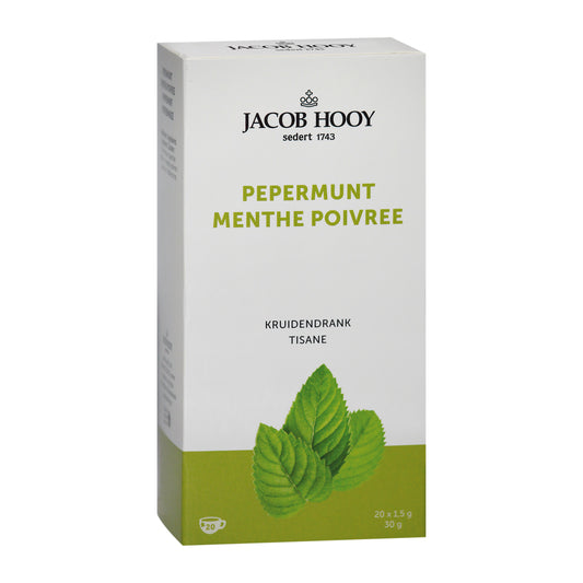 Jacob Hooy peppermint tea bags, 20-count, featuring fresh peppermint leaves in a clear tea bag for soothing herbal infusion.