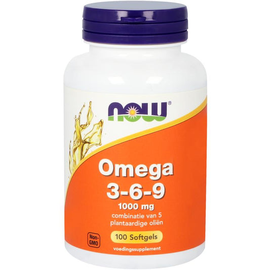 NOW Omega 3-6-9 softgels in a bottle, showing 100 softgel capsules of omega fatty acids, Vetzuren supplement for heart health.