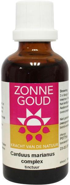 Zonnegoud Carduus Marianus complex herbal supplement bottle, 50ml, with label showing herbal ingredients and brand name.