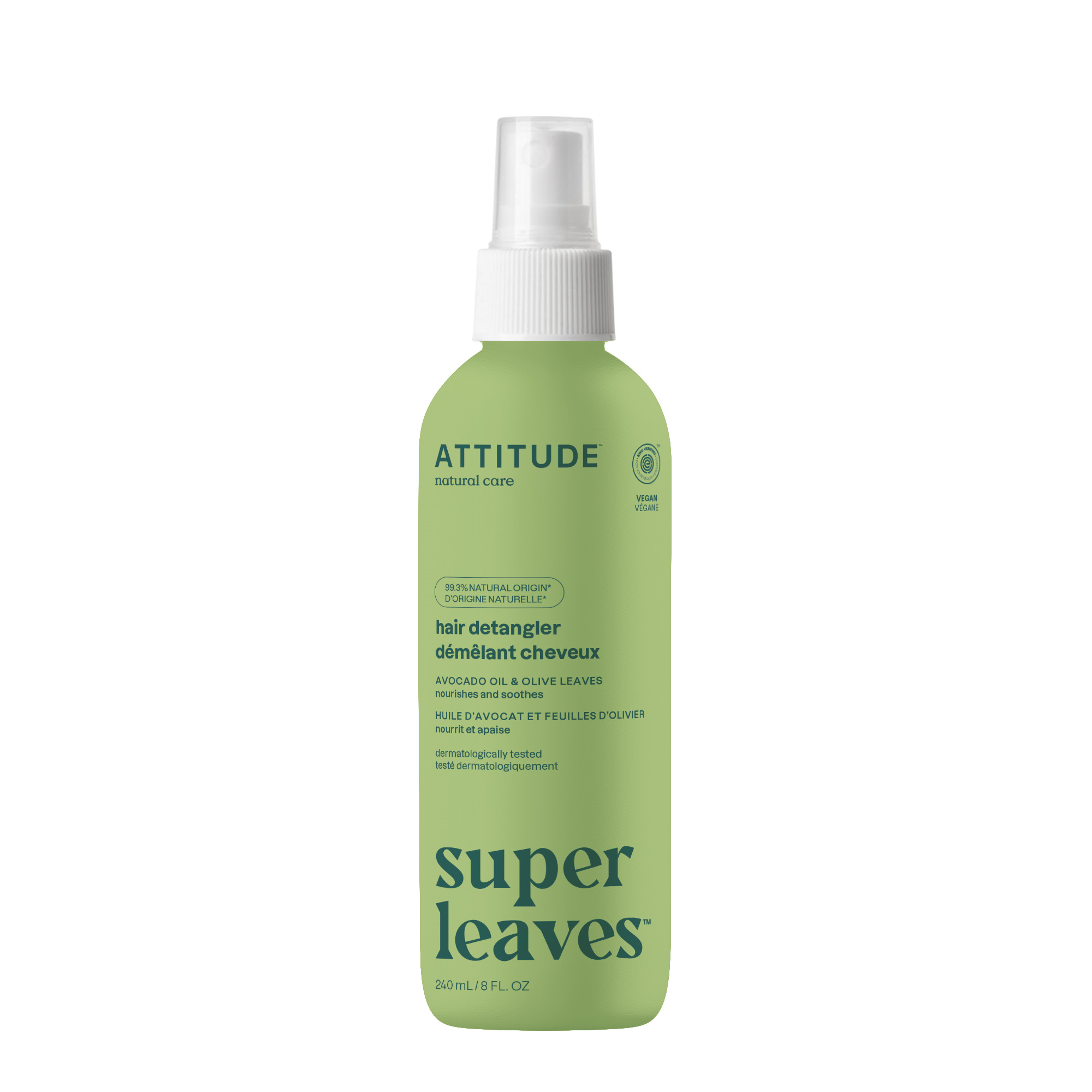 Attitude Super Leaves anti-klit haarverzorging spray with olive leaves, 240ml, for smooth, tangle-free hair.