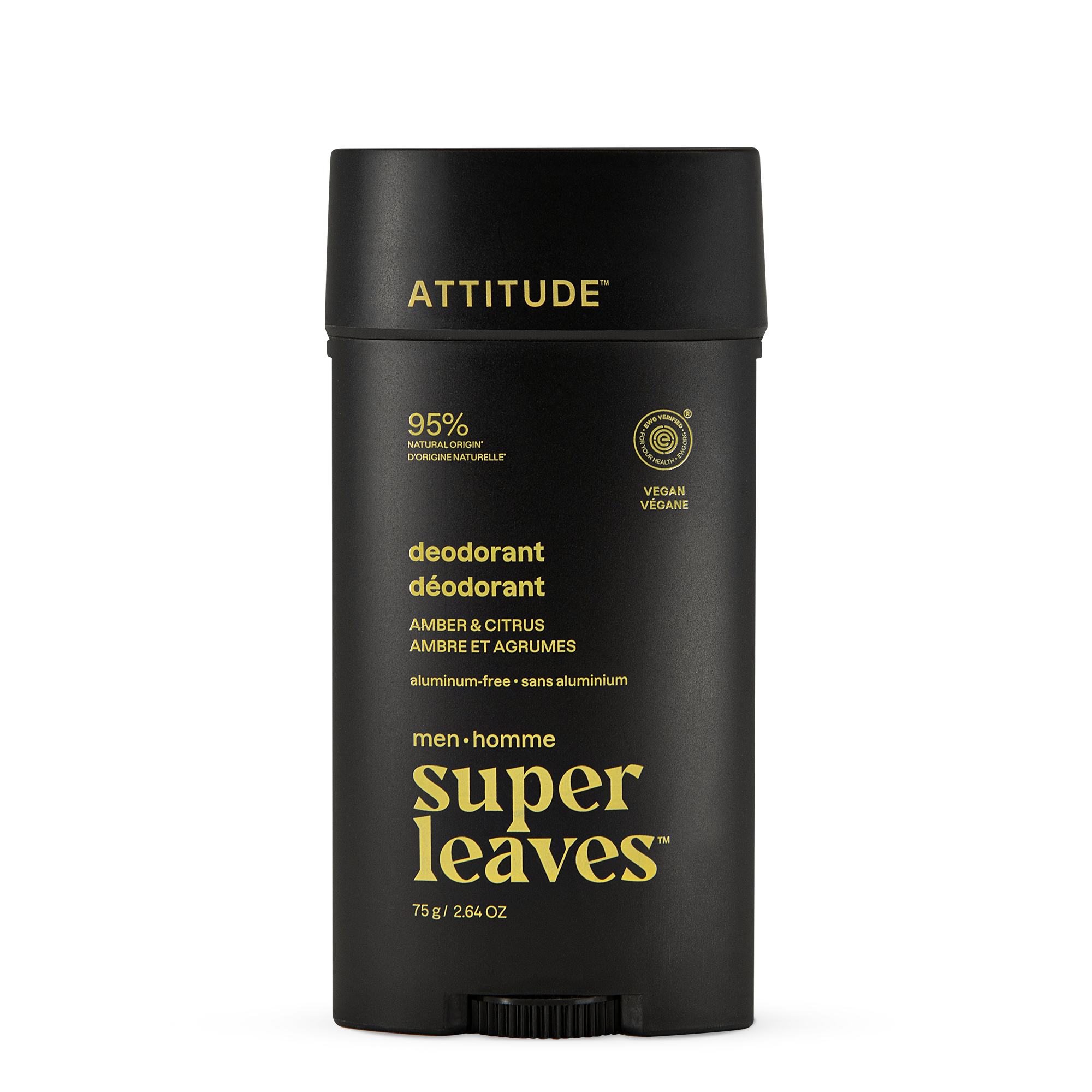 Attitude Men deodorant stick with amber and citrus scent, 75g, showing the deodorant container and label.