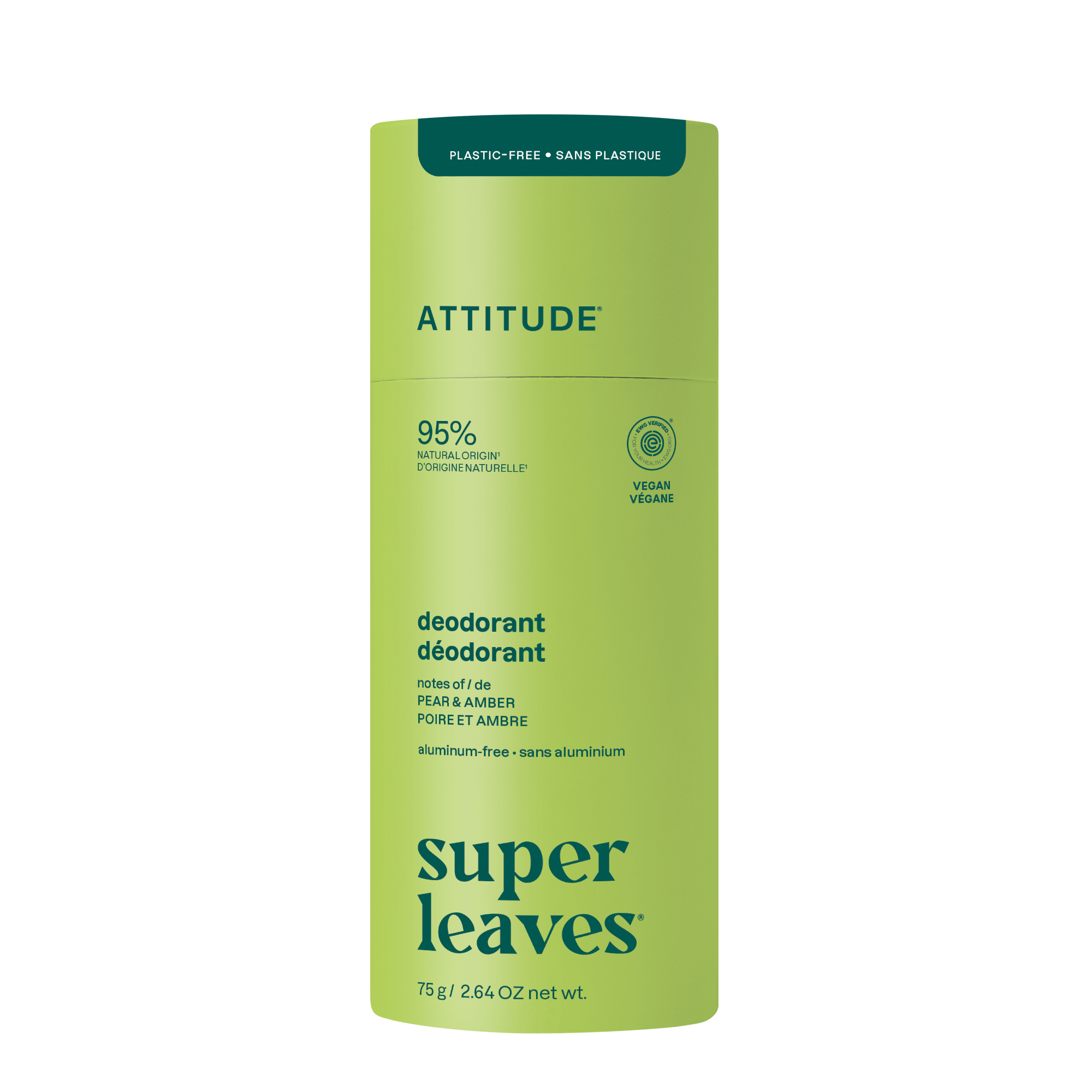 Attitude Deo Super Leaves Pear & Amber deodorant stick, 75g, with green leaves, pear, and amber scent packaging.