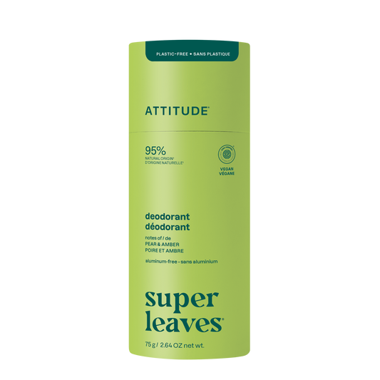 Attitude Deo Super Leaves Pear & Amber deodorant stick, 75g, with green leaves, pear, and amber scent packaging.