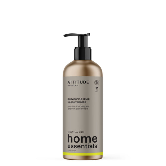 Attitude Afwasmiddel with geranium and lemongrass in a 473ml bottle, featuring a clear liquid with fresh herbal scent.