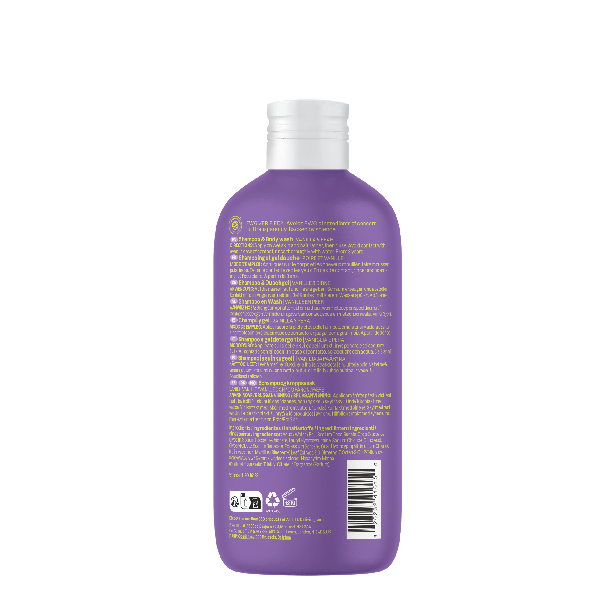 Attitude Kids Shampoo & Body Wash Vanilla & Pear, 473 ml bottle for hair and body care