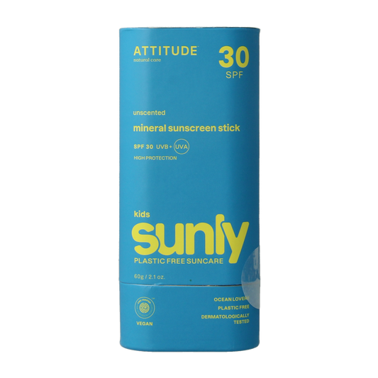 Attitude Sunly zonnebrandstick kids SPF30 in a 60g tube, natural sunscreen for children, with a smooth application and protective formula.