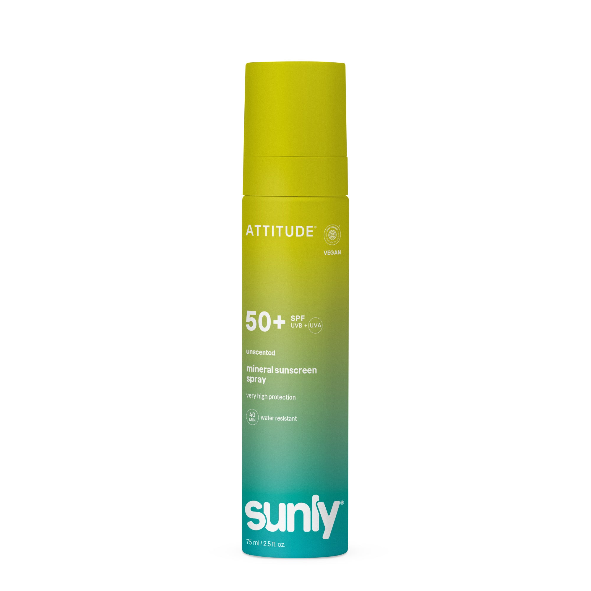 Attitude ATT SUNLY Sunscreen Spray SPF50 in 75ml bottle, unscented, with spray nozzle and clear label visible.