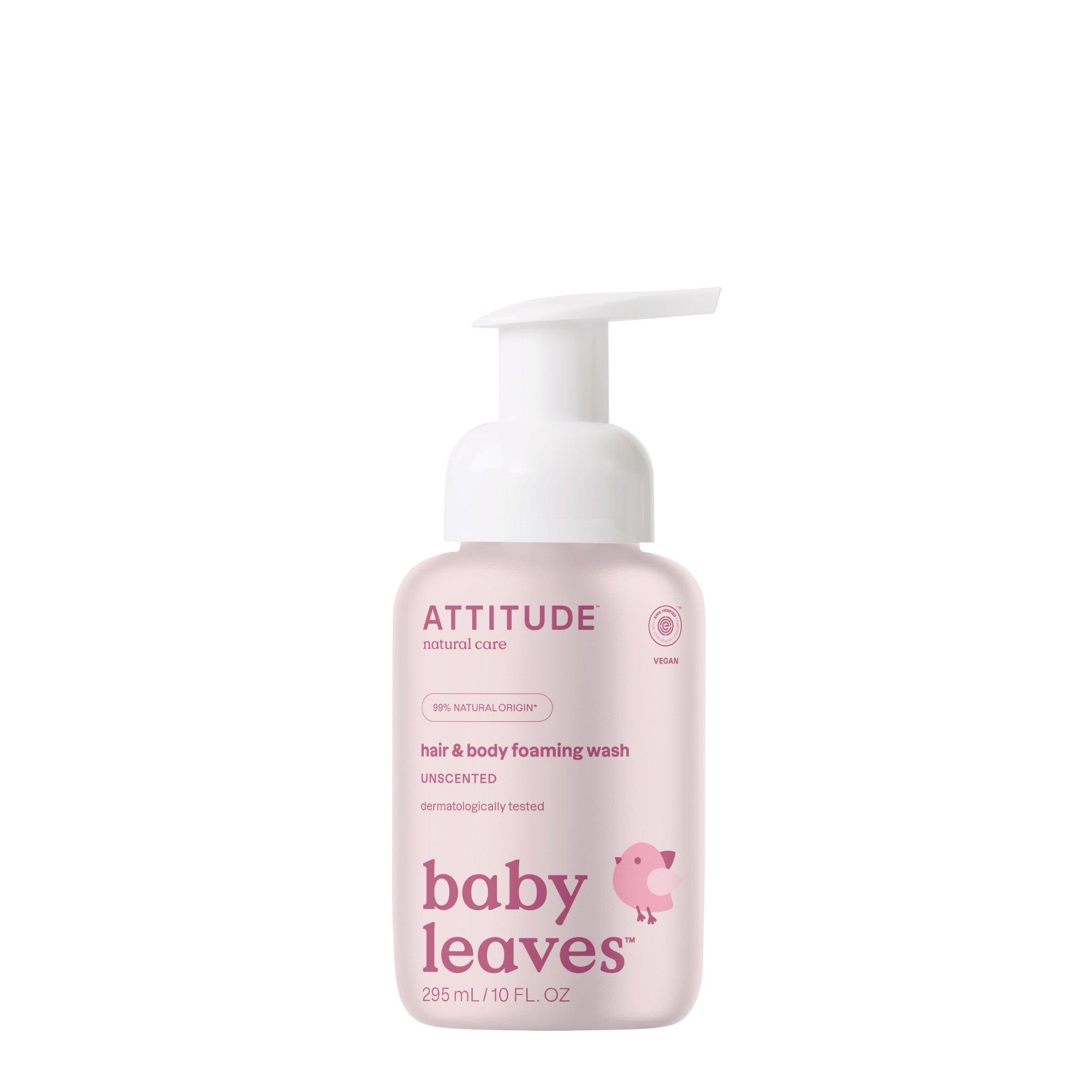 Attitude Baby Leaves 2-in-1 hair and body wash with foaming parfum, 295ml, gentle and nourishing for babies and toddlers.