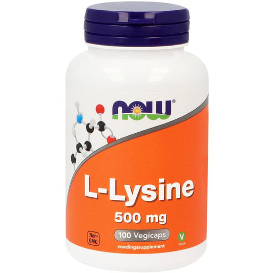 Bottle of NOW L-Lysine 500mg amino acid capsules with 100 capsules, showing the supplement label and capsule container.