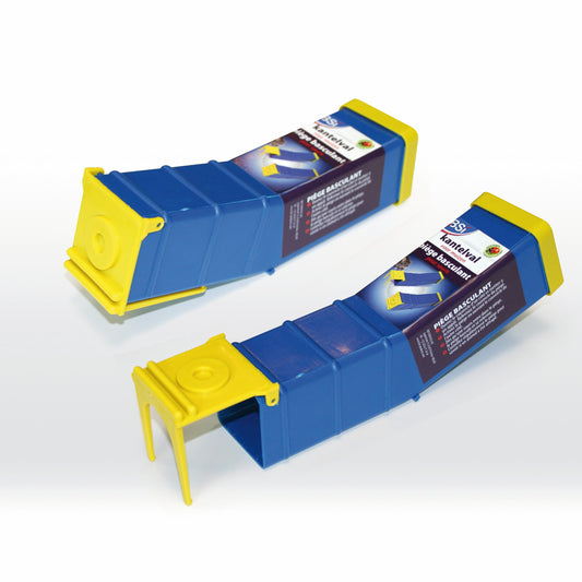 BSI Kantelval voor muizen, household use, showing a metal trap with bait and hinge mechanism for effective pest control