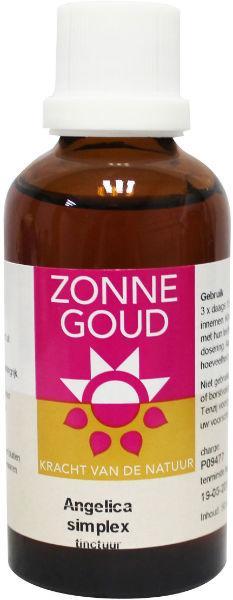 Zonnegoud Angelica simplex herbal preparation in a 50ml bottle, used as a herbal supplement or remedy.