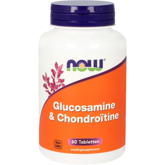 NOW Glucosamine & Chondroitin mineral supplement tablets, 60 count, showing the product packaging and tablets on a white background.