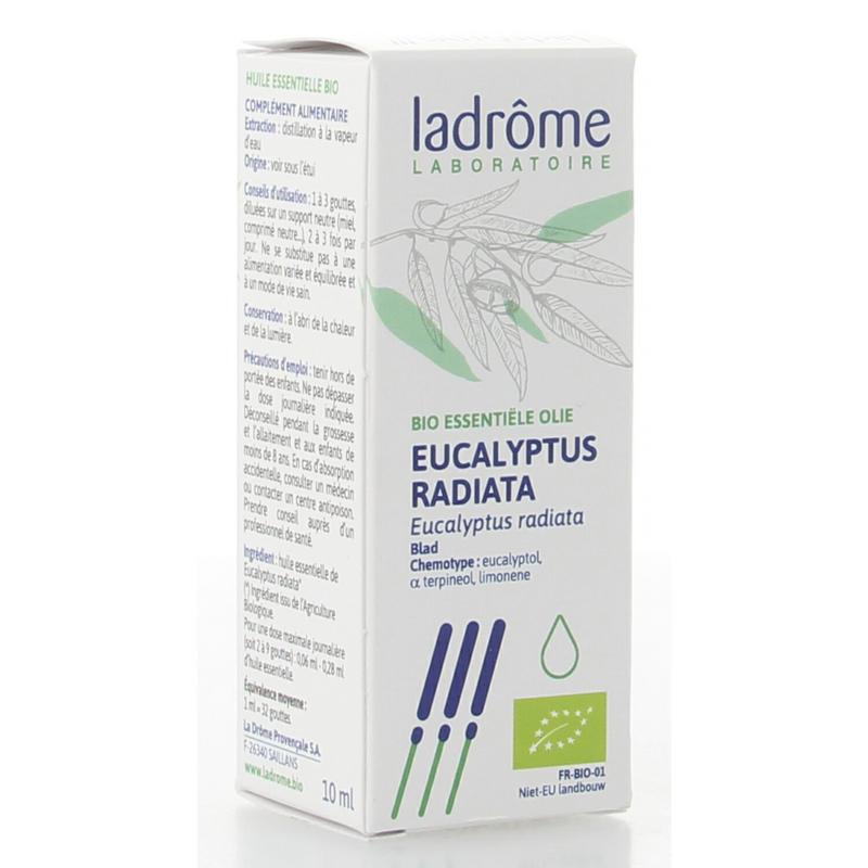 Ladrome Eucalyptus radiata bio essential oil in a 10ml bottle, natural herbal preparation for aromatherapy and wellness.