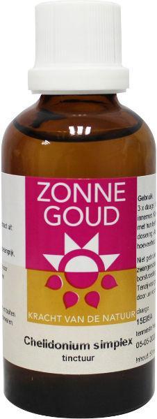 Zonnegoud Chelidonium simplex herbal remedy in a 50ml bottle, part of Zonnegoud's herbal supplement collection.