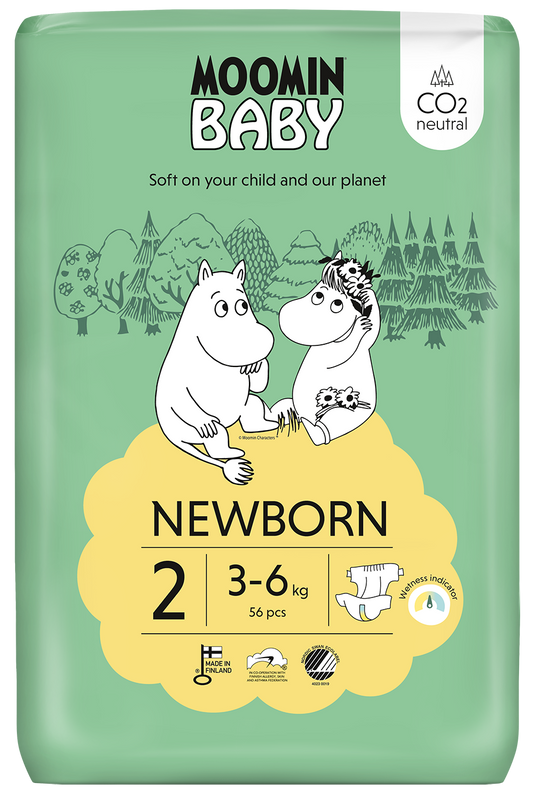 Moomin Baby diapers size 2, 56 count, showing pack of soft, absorbent diapers with Moomin branding and playful design.