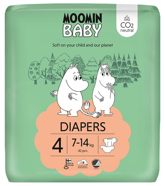 Moomin Baby size 4 diapers with 42 pack, soft and absorbent for infants, in a colorful packaging with Moomin characters.