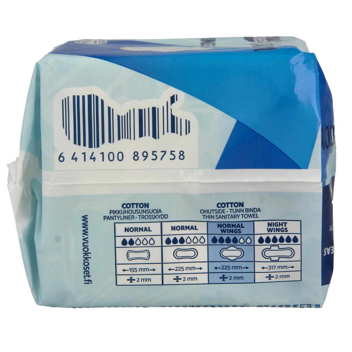 Organic cotton Vuokkoset normal wings sanitary pads for women, 12-pack, shown with wings and discreet design.