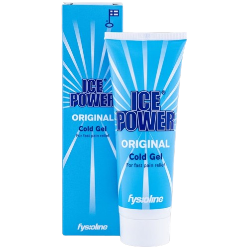 Ice Power Cold gel for muscle and joint pain, 75ml, with a transparent tube and blue and white label design.
