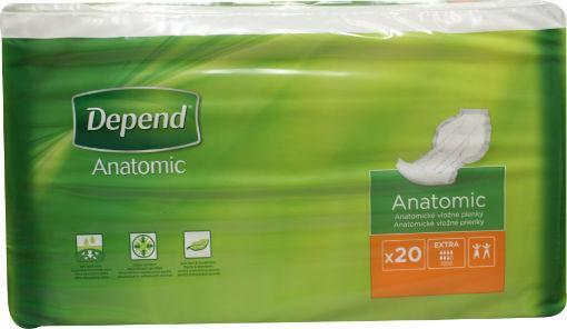 Depend Anatomic Pacs Super Plus incontinence pads, 20 count, showing absorbent, contoured design for secure fit and comfort.