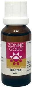 Zonnegoud Tea Tree Essential Oil in 20ml bottle, natural herbal oil for skin and aromatherapy, with green tea leaves in the background.