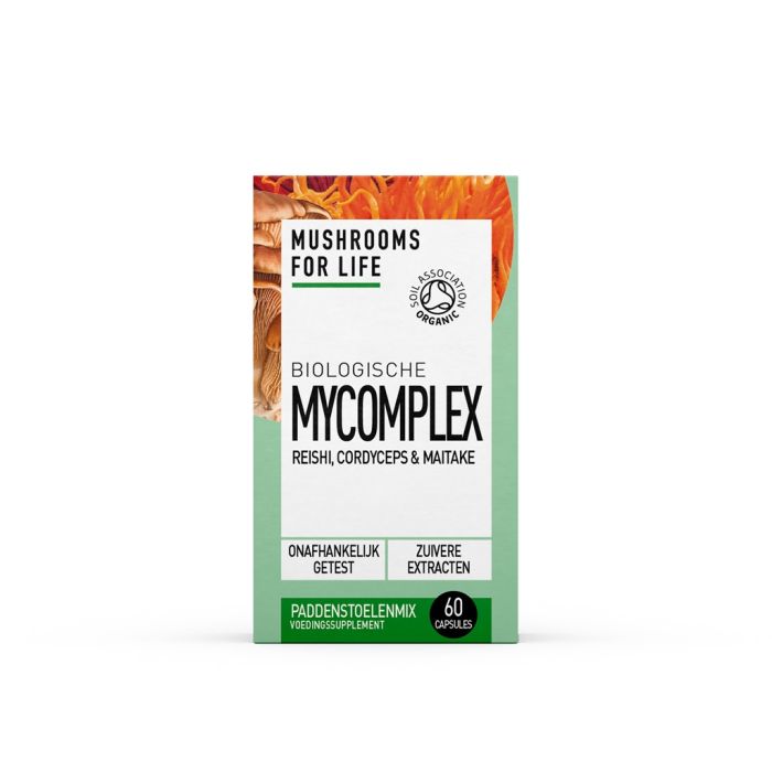 Mushrooms for Life Mycocomplex bio capsules, herbal supplement in a white bottle with a label displaying mushrooms and herbal imagery.