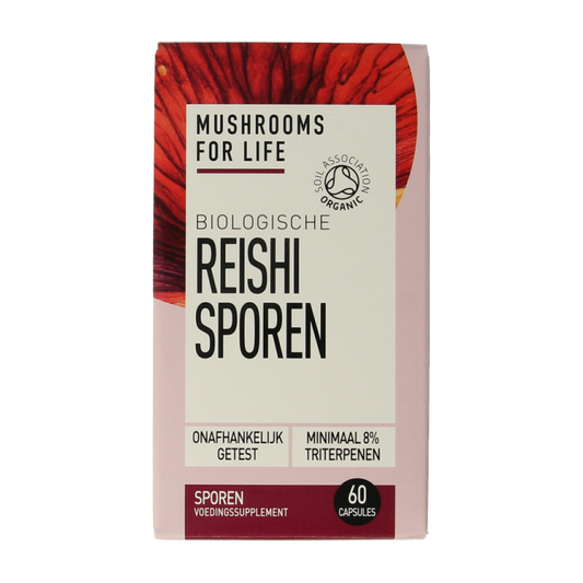 Organic Reishi mushroom spores in 60 capsules, herbal supplement by Mushrooms for Life, shown in a close-up of the capsules.