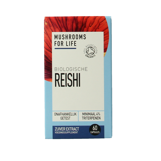 Mushrooms for Life Reishi bio supplement capsules in a bottle, herbal product from Kruidenpreparaten brand.