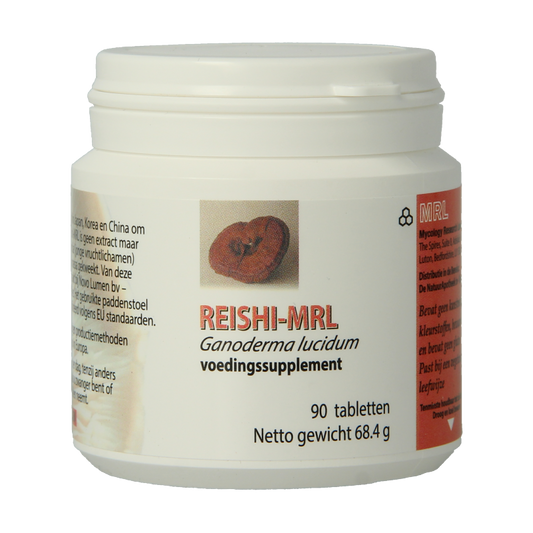 MRL Reishi 90 tabletten, herbal supplement in a white bottle with green label, showing the product capsules inside.