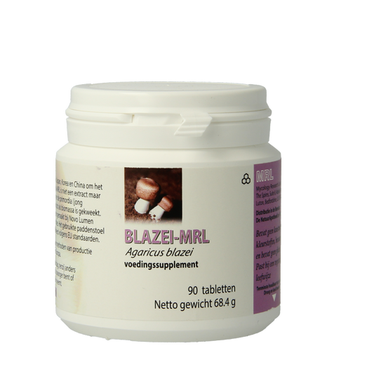 MRL Agaricus blazei 90 tablets in a bottle, herbal supplement from MRL, showing the tablet packaging and label.