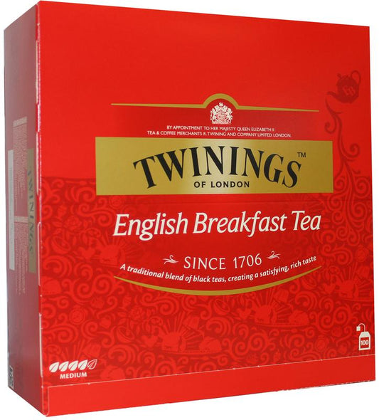 Twinings English Breakfast tea envelopes, 100-count box, featuring individual tea bag packaging for a classic breakfast brew.