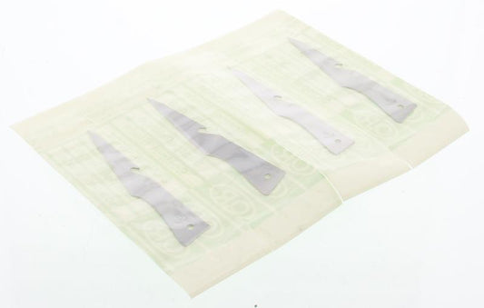 Sterile Malteser scalpel blades, 5cm stainless steel, arranged on a tray, for precise surgical use.